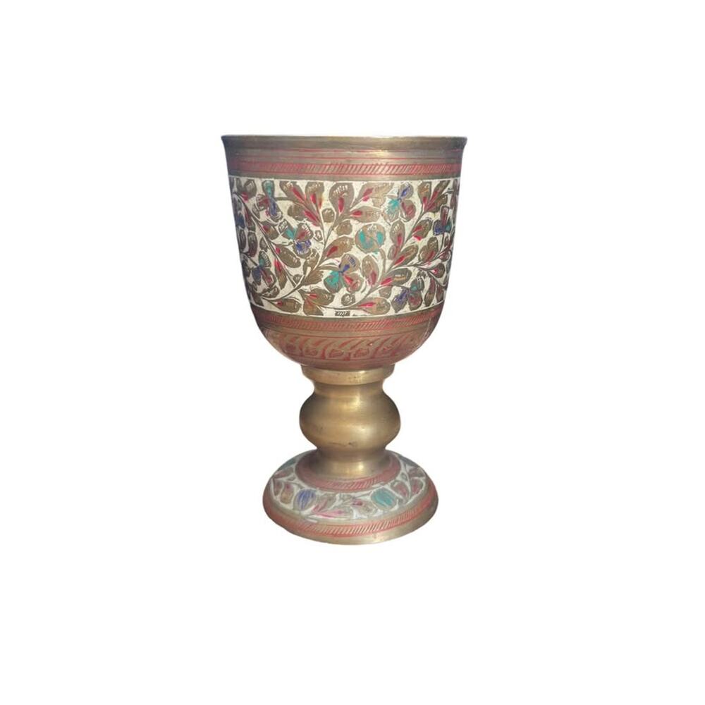 Vintage brass Pedestal Display Cup Etched with Enamel Floral Design